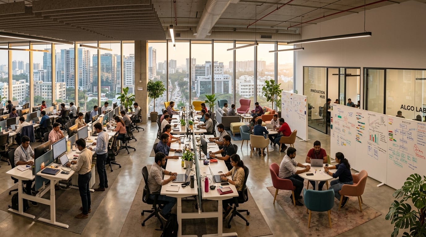 Modern Presgraphics office space with team members collaborating on analytics products