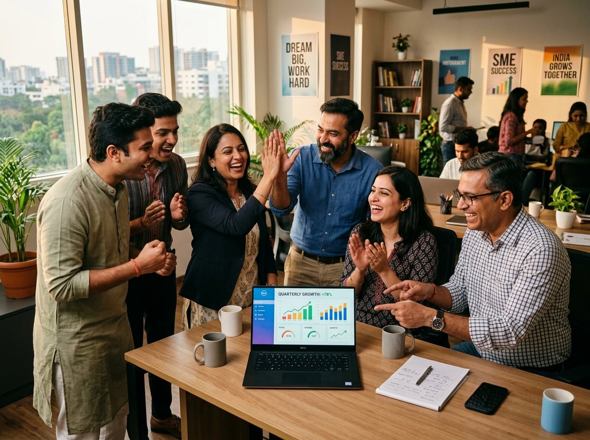 Business owners celebrating growth in analytics metrics on their company dashboard