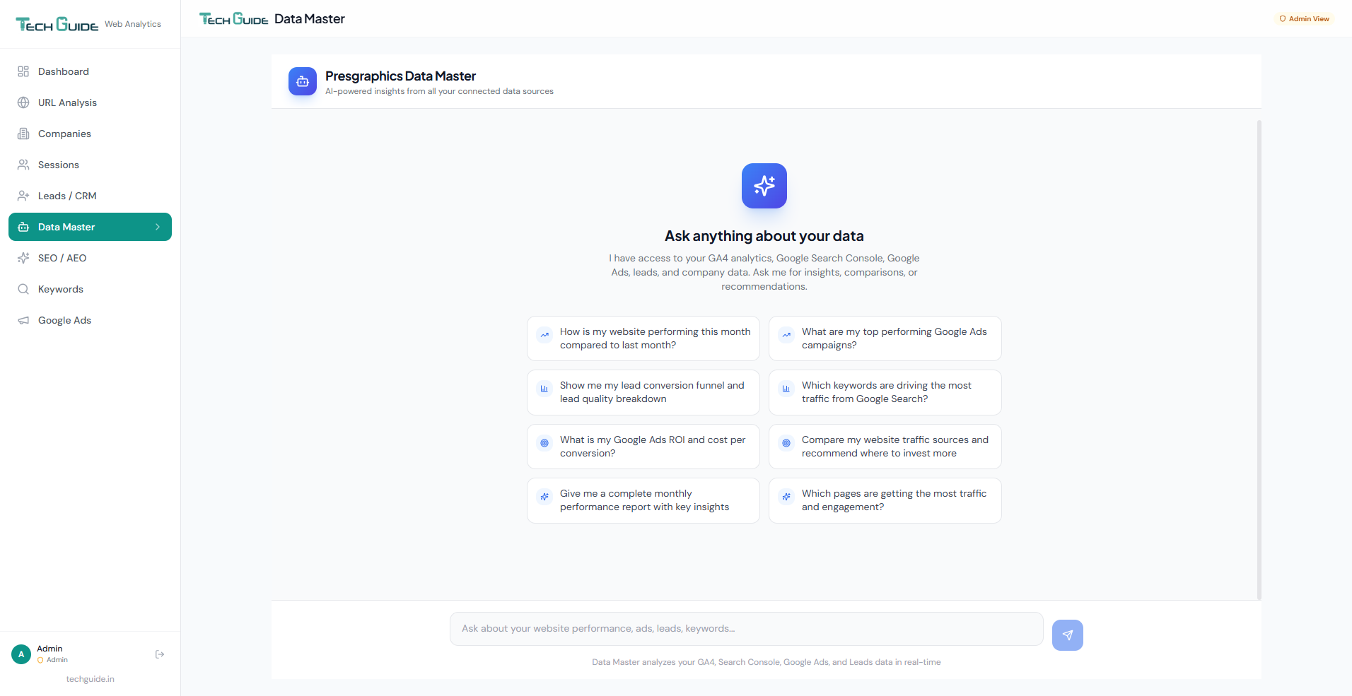 AI Data Master — Presgraphics Analytics dashboard screenshot