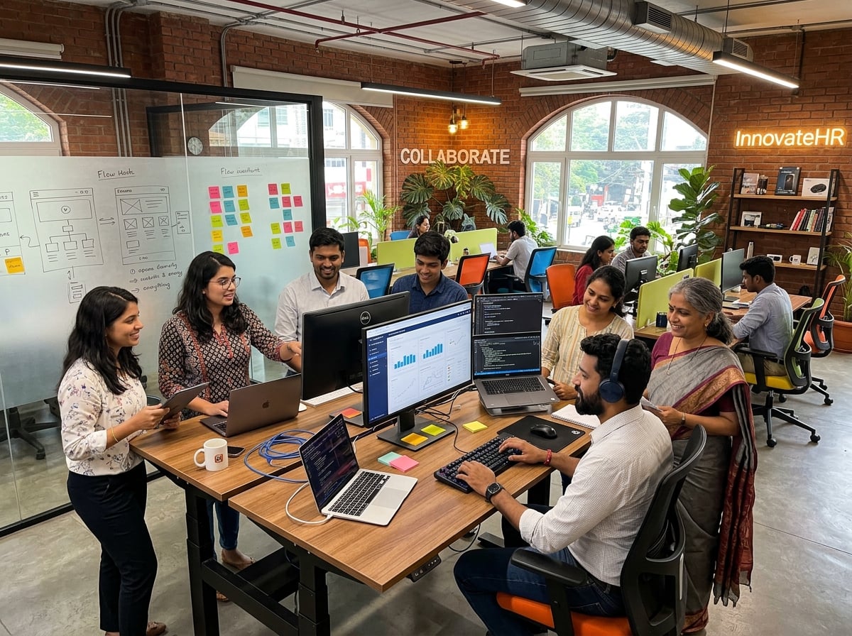 Diverse tech team collaborating in a modern workspace on analytics projects
